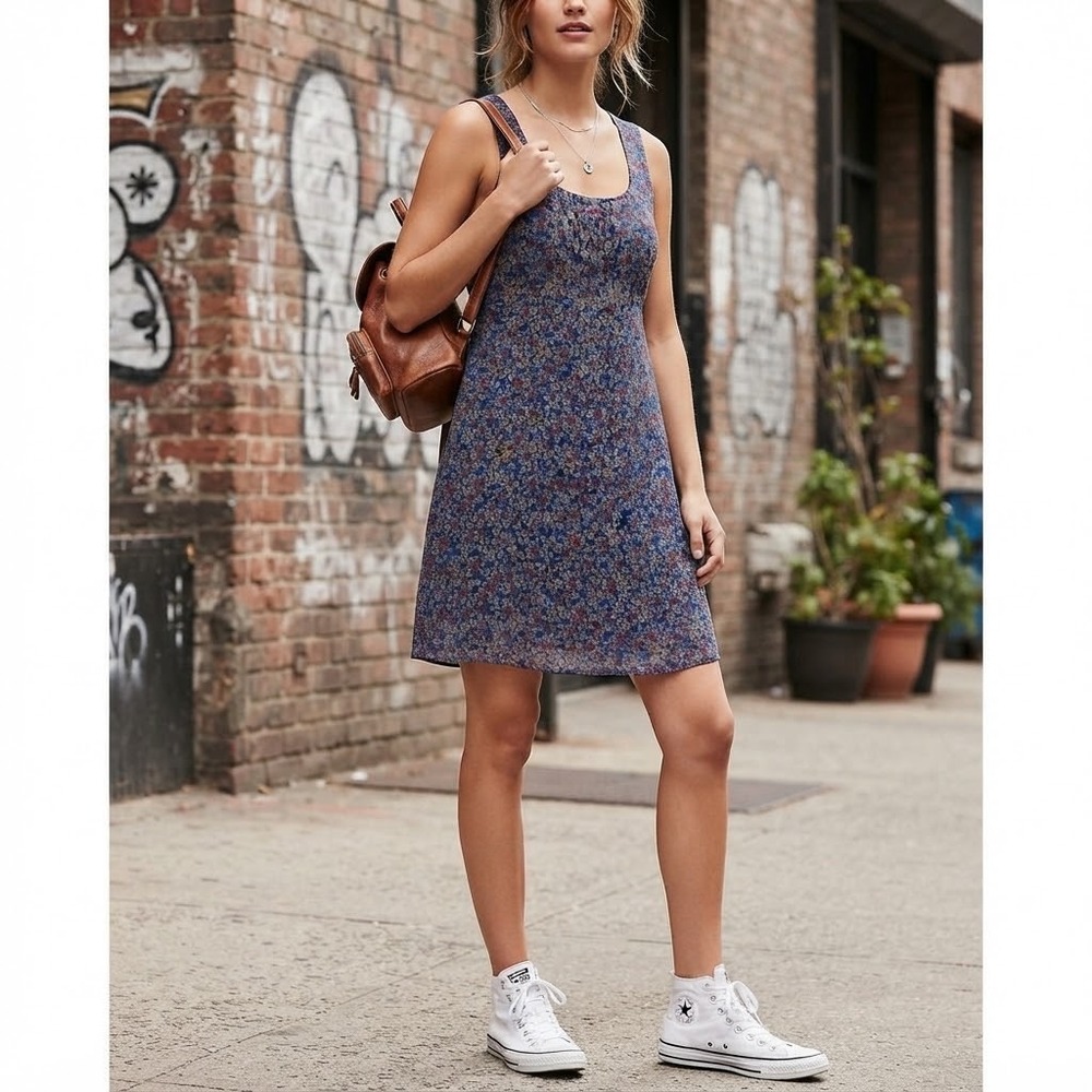 Converse One Star Womens S Navy Blue Floral Sleeveless Shift Dress